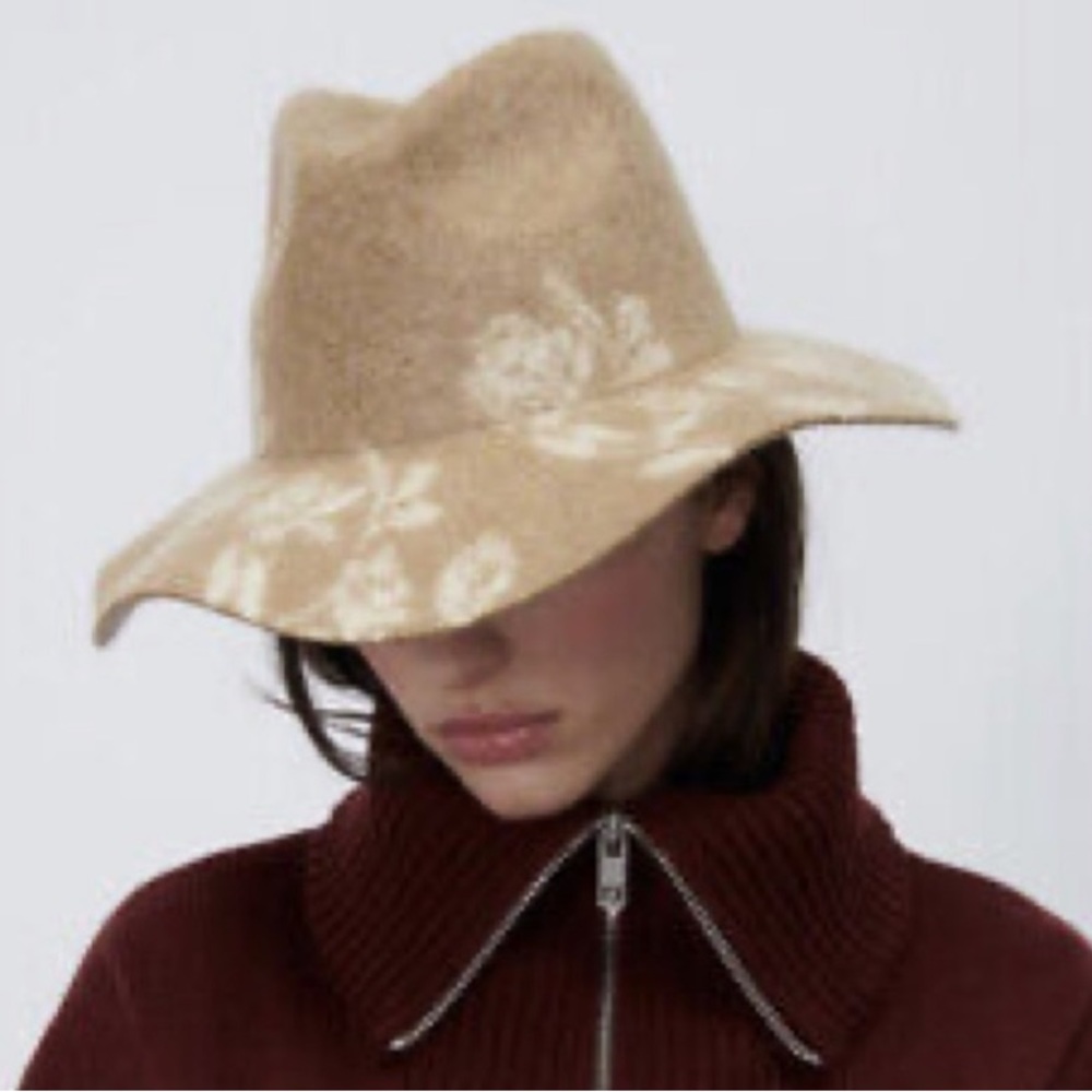 Zara HAT Wool Blend embellished floral wide brim bucket brown hat